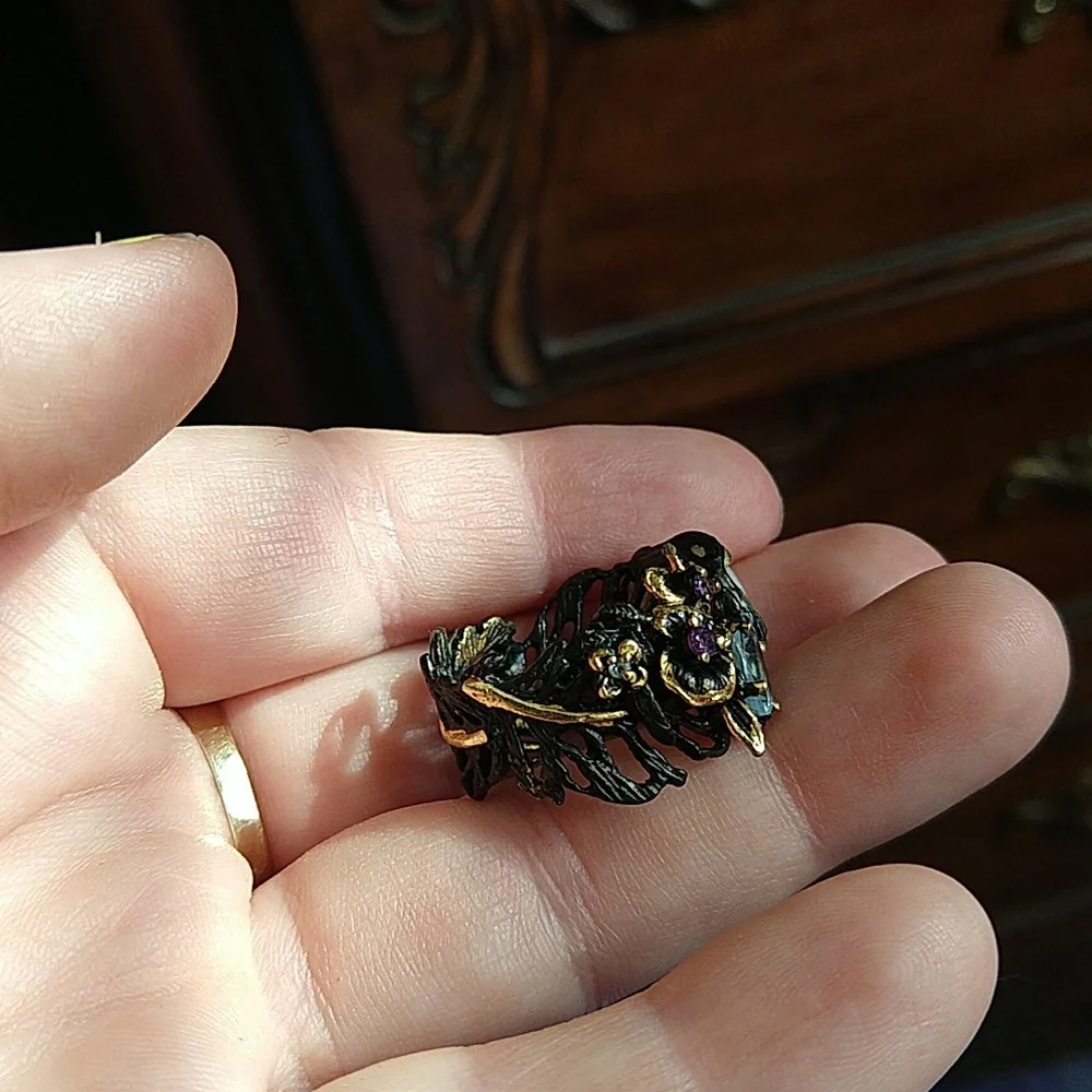 14k gold dipped 925 sterling silver oxidized coin pearl amethyst blue topaz ring - Picture 6 of 13